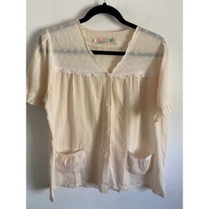 Vintage Christiana Cream Eyelet Lace Ruffle Short Sleeve Button Front Blouse L